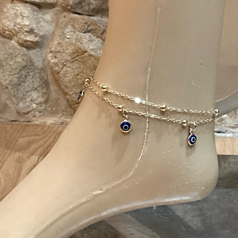 Elegant gold anklet with blue evil eye charms - Picture 4 of 5